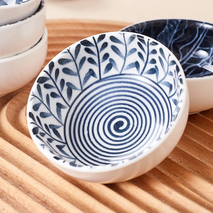 Swuut Japanese Style Ceramic Dipping Bowls,3'' Small Pinch Bowls Set Side Sauce Cups,Dishes for Sushi,Snack and Soy,BBQ,2.5 Oz Blue and White Mini Bowl for Kitchen Prep - Set of 6 (3 inch)