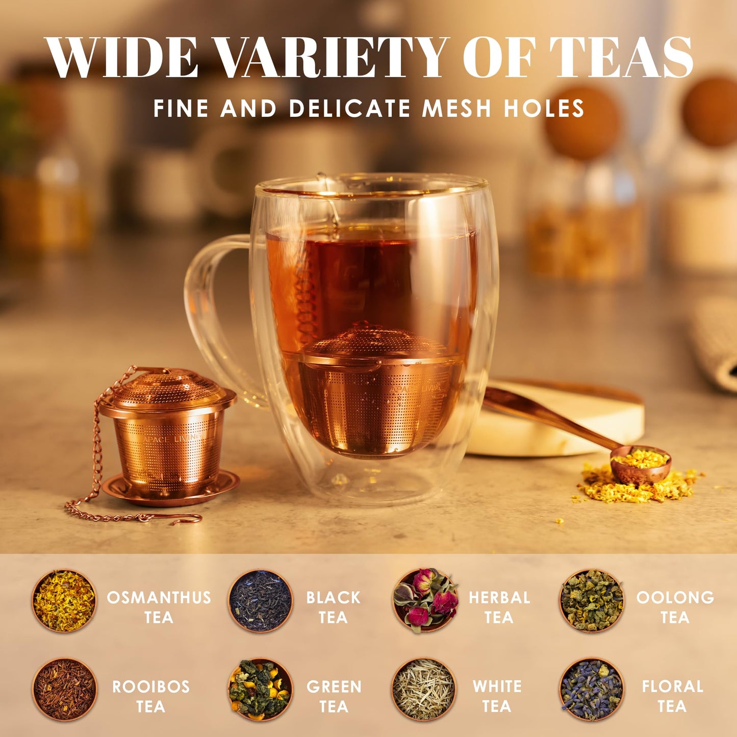 Apace Loose Leaf Tea Infuser (Set of 2) with Tea Scoop and Drip Tray - Ultra Fine Stainless Steel Strainer & Steeper for a Superior Brewing Experience (Rose Gold, Medium)