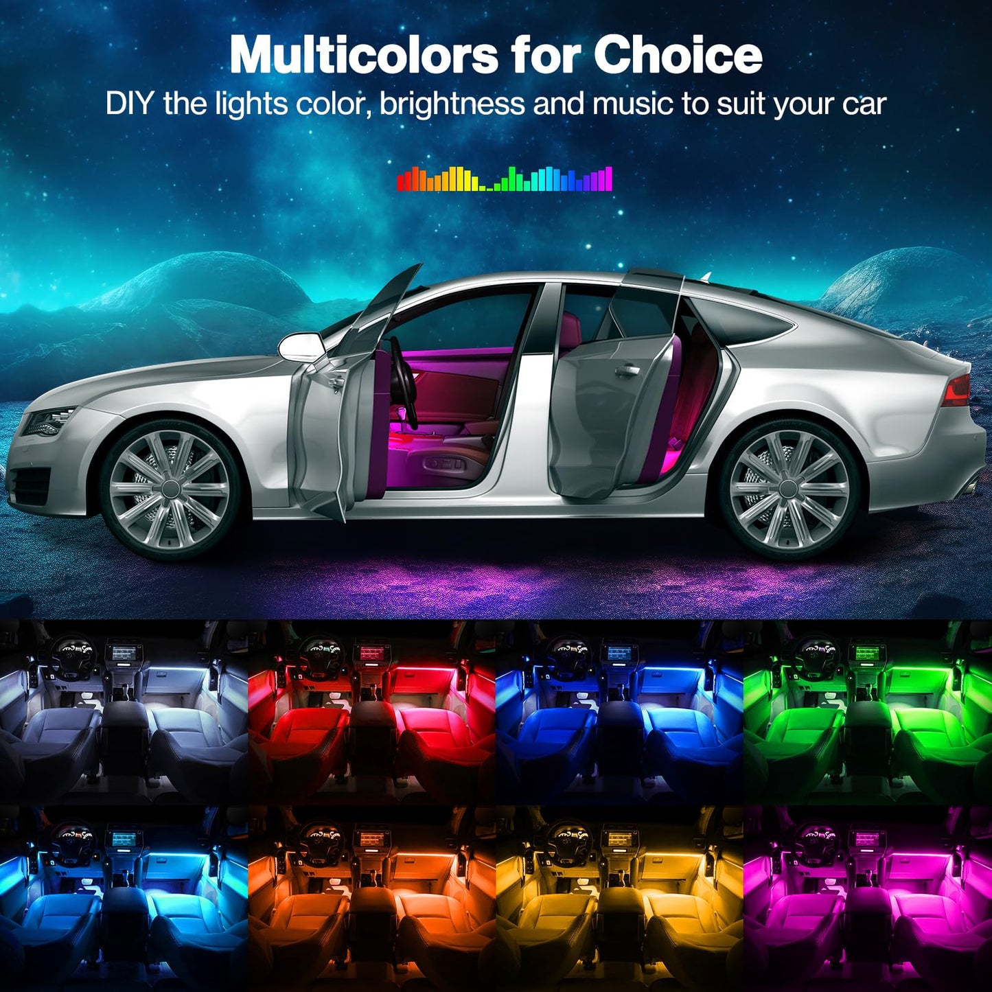 Bawoo Interior Car Lights, Car LED Strip Light Waterproof 48 LED Lights for Car with APP Control, RGB Music Sync Under Dash Car Light with Car Charger, DC (Large/APP & Remote Control)