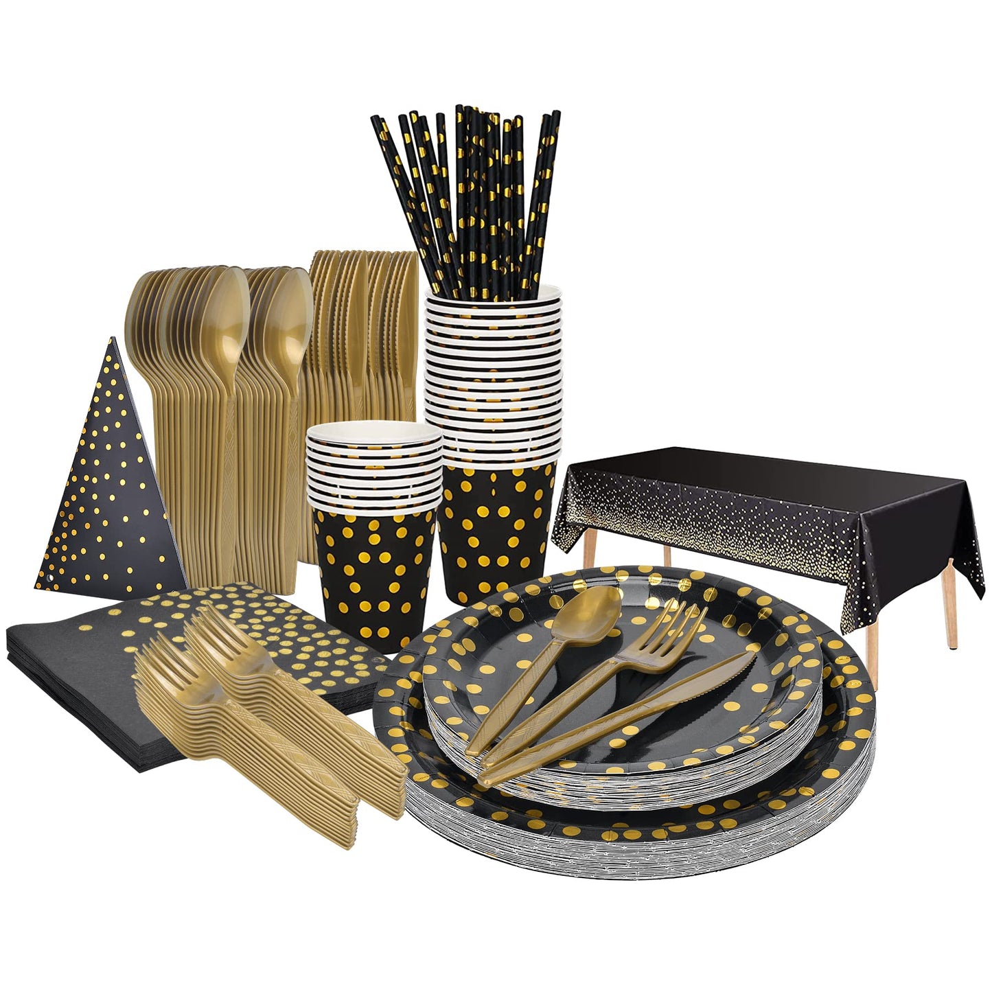 202pcs Eco-Friendly Disposable Black and Gold Paper Plates Cutlery Napkins Cups Tablecloth Banner Supplies Bulk, Non-Plastic Dinnerware Decorations for Party Wedding Birthday Dinner Dessert (25 Guest)