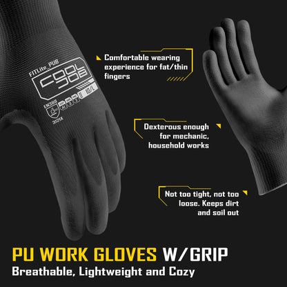 COOLJOB 12 Pairs PU Coated Work Gloves for Men and Women, Breathable Safety Working Gloves with Grip for Construction, Gardening, Cleaning, Mechanics, General Purpose, Black, Size Large L