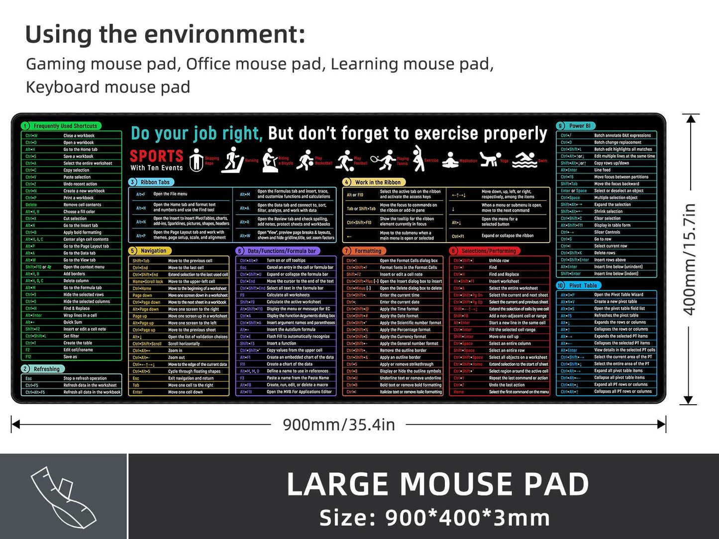 Rinaze Large Mouse Pad with Excel Shortcuts Cheat Sheet Desk Pad, Excel Tips Desk Mat, XXL Gaming Mousepad Keyboard Pad, Office Desk Accessories for Computer, Mac, PC and Laptop