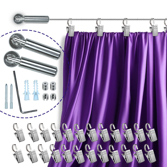 UrbanRed 16.4 FT (5m) Adjustable Indoor Outdoor Wire Curtain Rod Room Divider Hanging System with 24 Clips Wire Hanging System, Clothesline Clothes Hanger Kids Craft Art Decoration on Walls