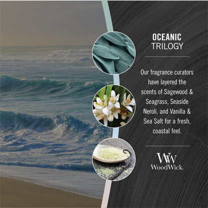WoodWick Oceanic Scented Trilogy Medium Hourglass Candle, Crackles at it Burns, Perfect for Gifting, 9.7oz