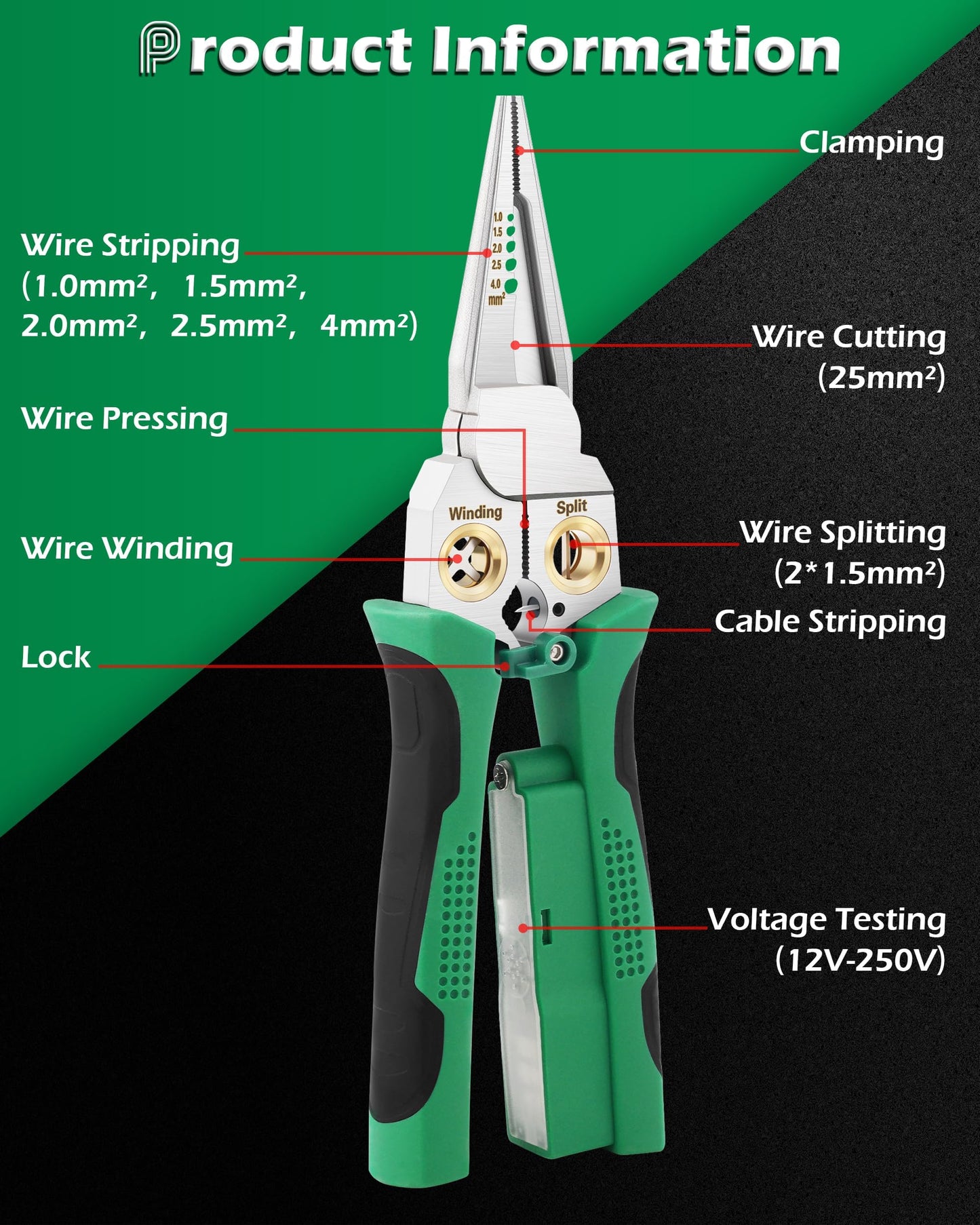 8 in 1 Wire Stripper with Voltage Tester, Wire Strippers/Crimper with Plier, Cutters, Splitting(12V-250V), Wire Stripping Tools for 10-18 AWG for Professional Electrician & DIY Tool