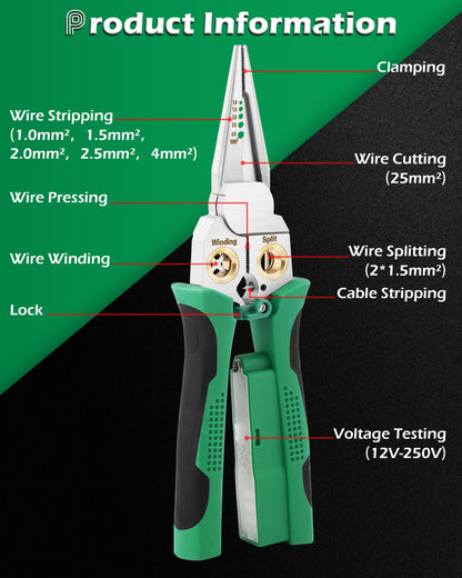 8 in 1 Wire Stripper with Voltage Tester, Wire Strippers/Crimper with Plier, Cutters, Splitting(12V-250V), Wire Stripping Tools for 10-18 AWG for Professional Electrician & DIY Tool