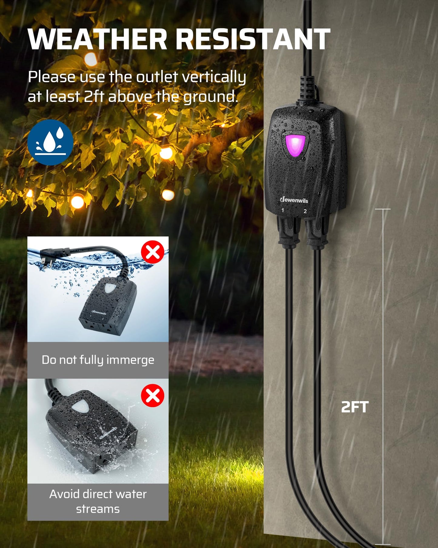 DEWENWILS Outdoor Wireless Remote Control Outlet, 2 Independent Control Sockets Weatherproof Electrical Remote Control Switch, 15A Heavy Duty with 2 Remote, 7 Inch Cord, 100 FT Range