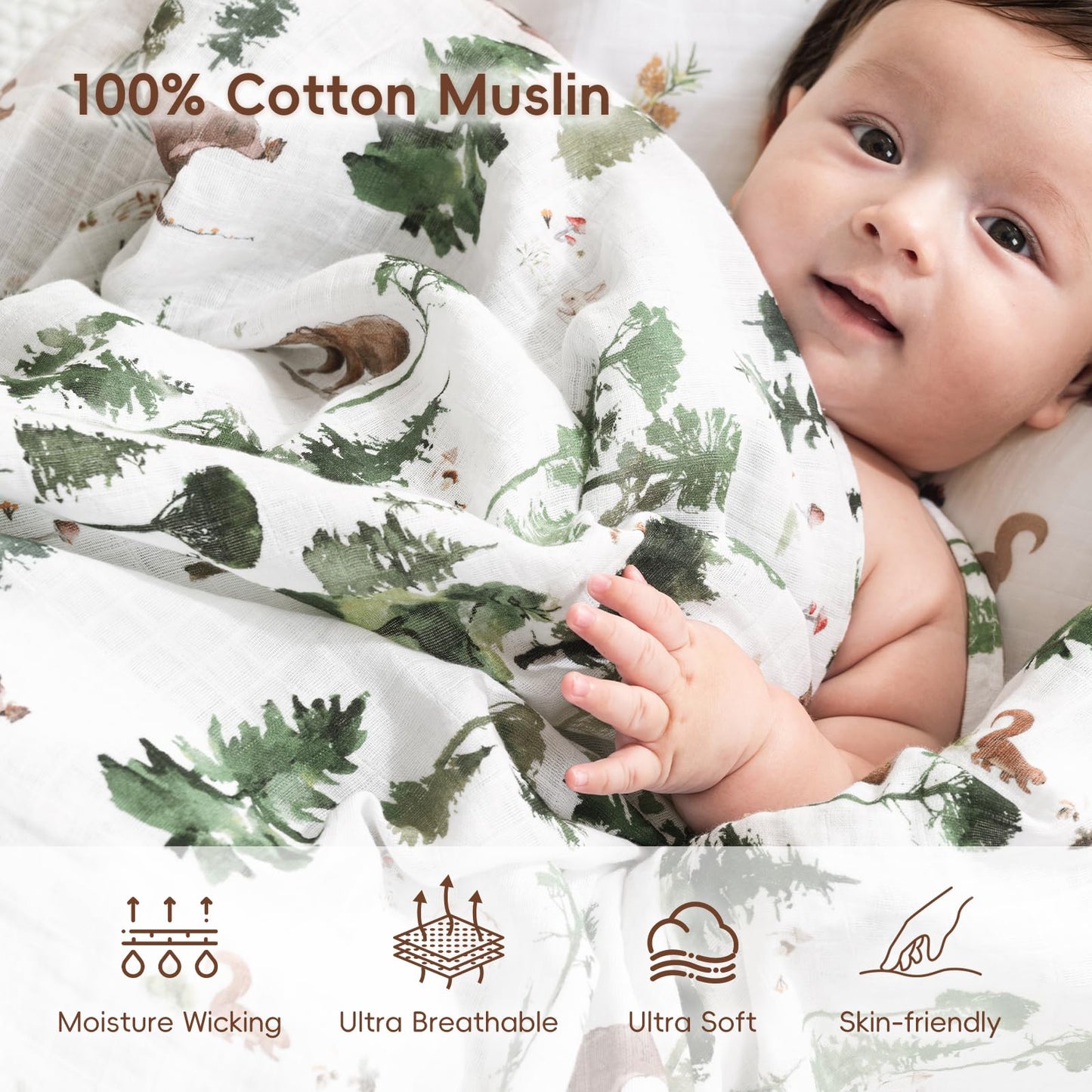 david's kids 4 Pack Baby Muslin Swaddle Blankets, 100% Cotton and Ultra Soft Breathable Receiving Blanket Wrap for Boys Girls, New Born Essentials, Large 47 x 47 inches, Forest