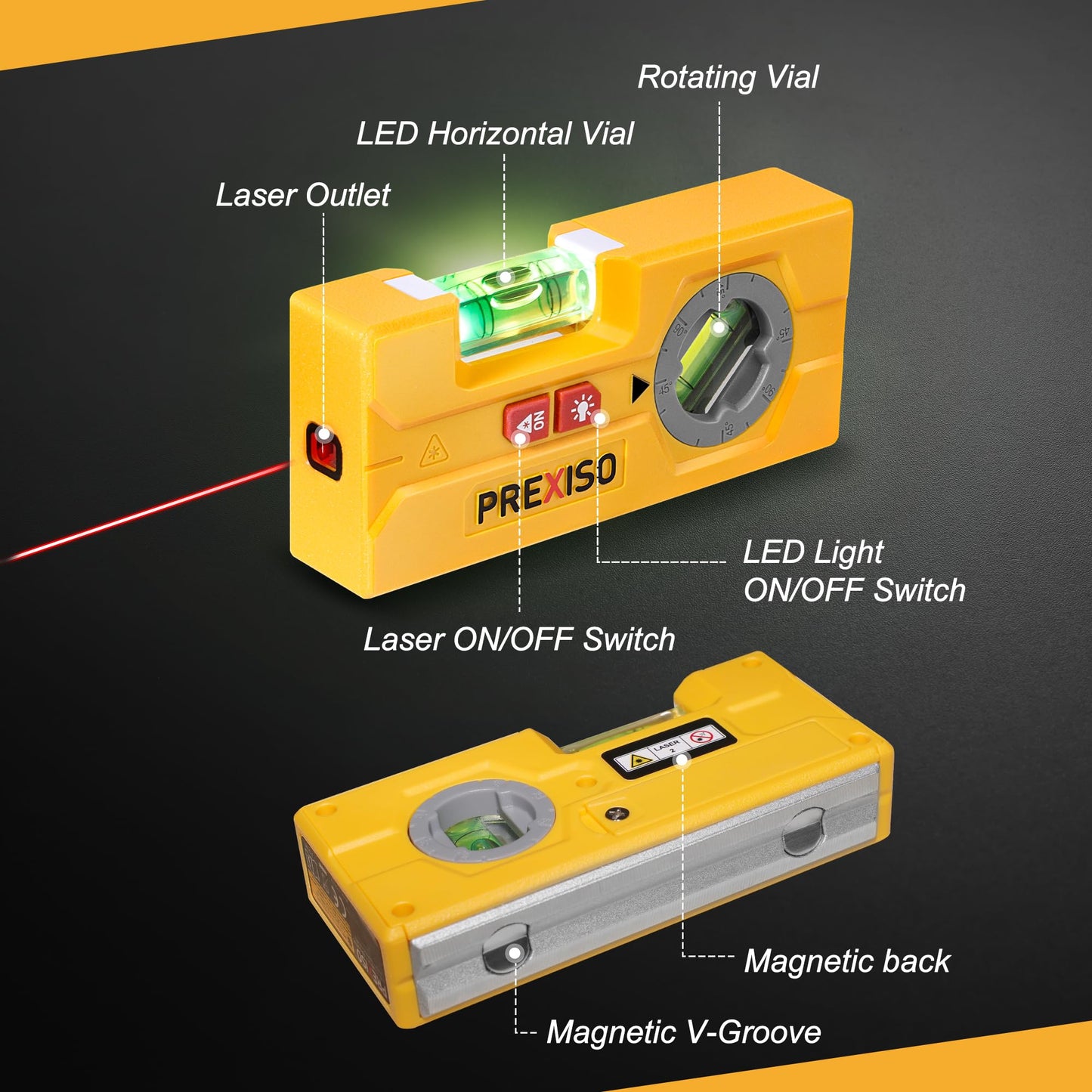 PREXISO 2-in-1 Line Laser Level – Mini Torpedo Level with Rotatable Magnetic Pocket, 30Ft Laser Line Leveler Tool for Picture Hanging, Wall Marking, Painting & Home Renovation
