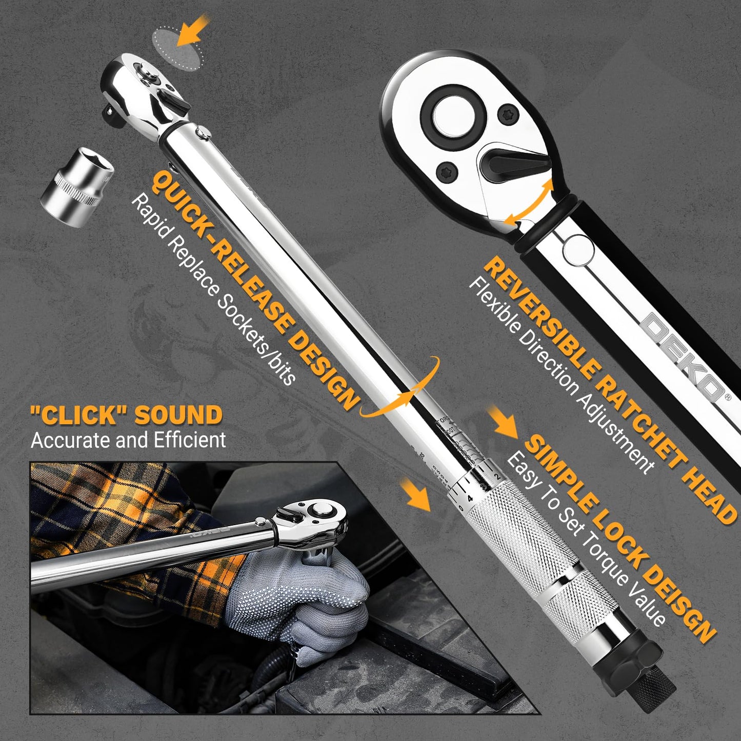 DEKOPRO 3/8 Inch Drive Dual-Direction Torque Wrench, 5-50 Ft-Lb & 6.8-67.8 Nm Range, ±3% Precision, 72-Tooth Chrome Vanadium Ratchet, 14.5inches Anti-Slip Matte Handle