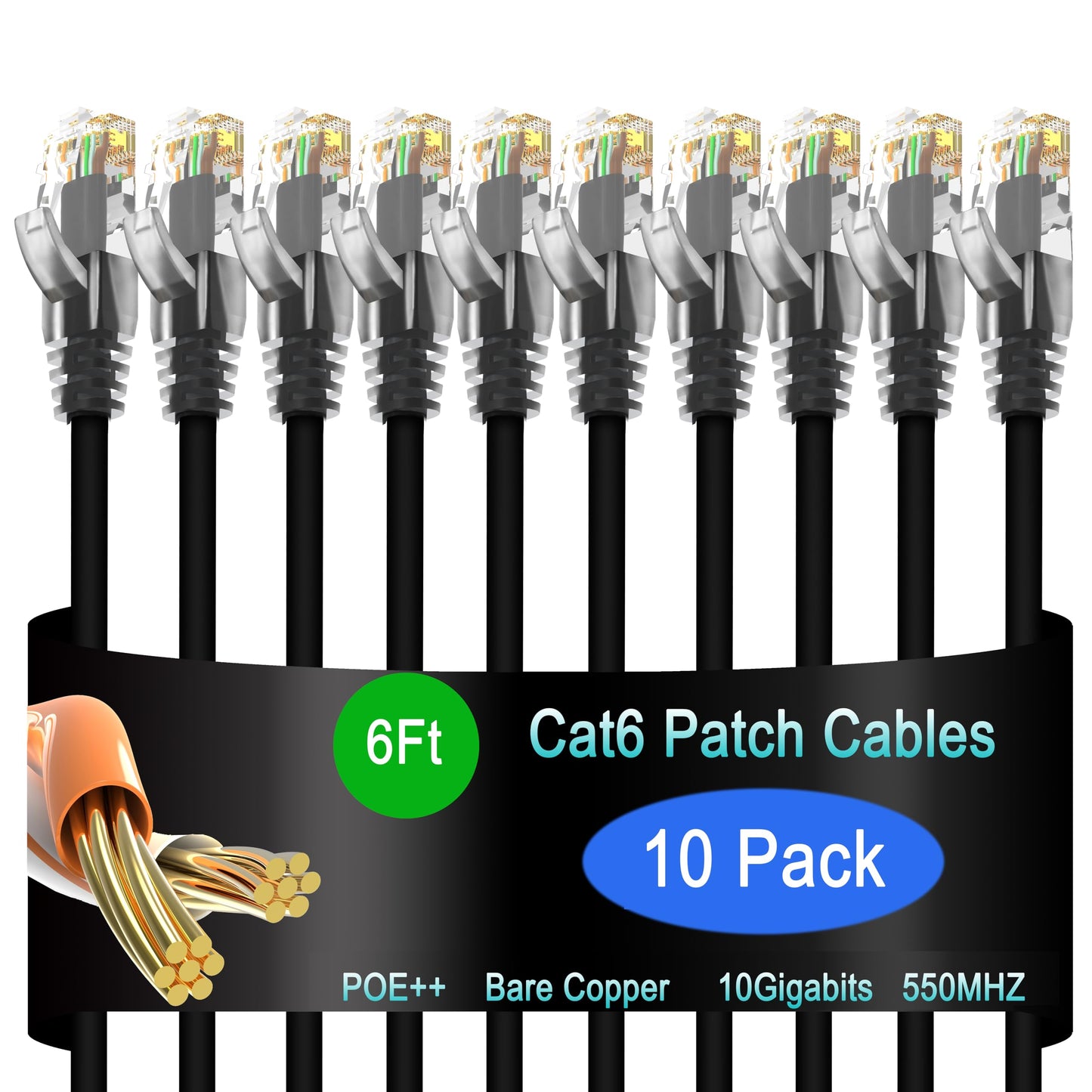 Cat6 Ethernet Patch Cable 6 ft (10 Pack), Cat6 Patch Cable for Data Centers, Cat 6 Patch Cable 10G, Network Patch Cables for Home and Enterprise Network -Black