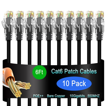 Cat6 Ethernet Patch Cable 6 ft (10 Pack), Cat6 Patch Cable for Data Centers, Cat 6 Patch Cable 10G, Network Patch Cables for Home and Enterprise Network -Black