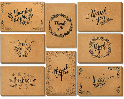 144 Thank You Cards Bulk, Brown Kraft 4x6 Inch Thank You Notes with Envelopes and Stickers, 6 Elegant Designs Greeting Cards for Business, Wedding, Baby Shower, Blank Inside