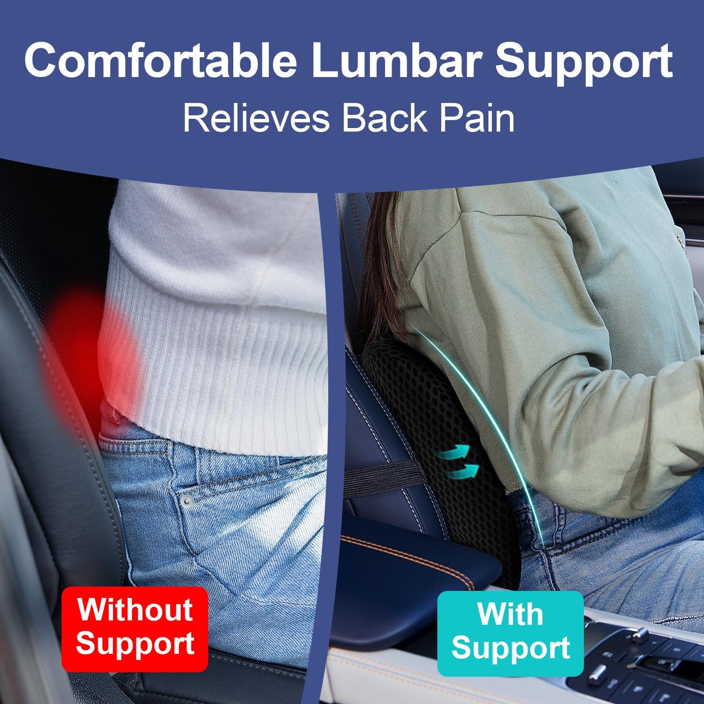 BYMECOST Lumbar Support Pillow for Car, Memory Foam Car Seat Back Support Pillow for Driving, Back Cushion with Strap for Pain Relief, Ergonomic Back Cushion for Office Chair, Wheelchair (Black)