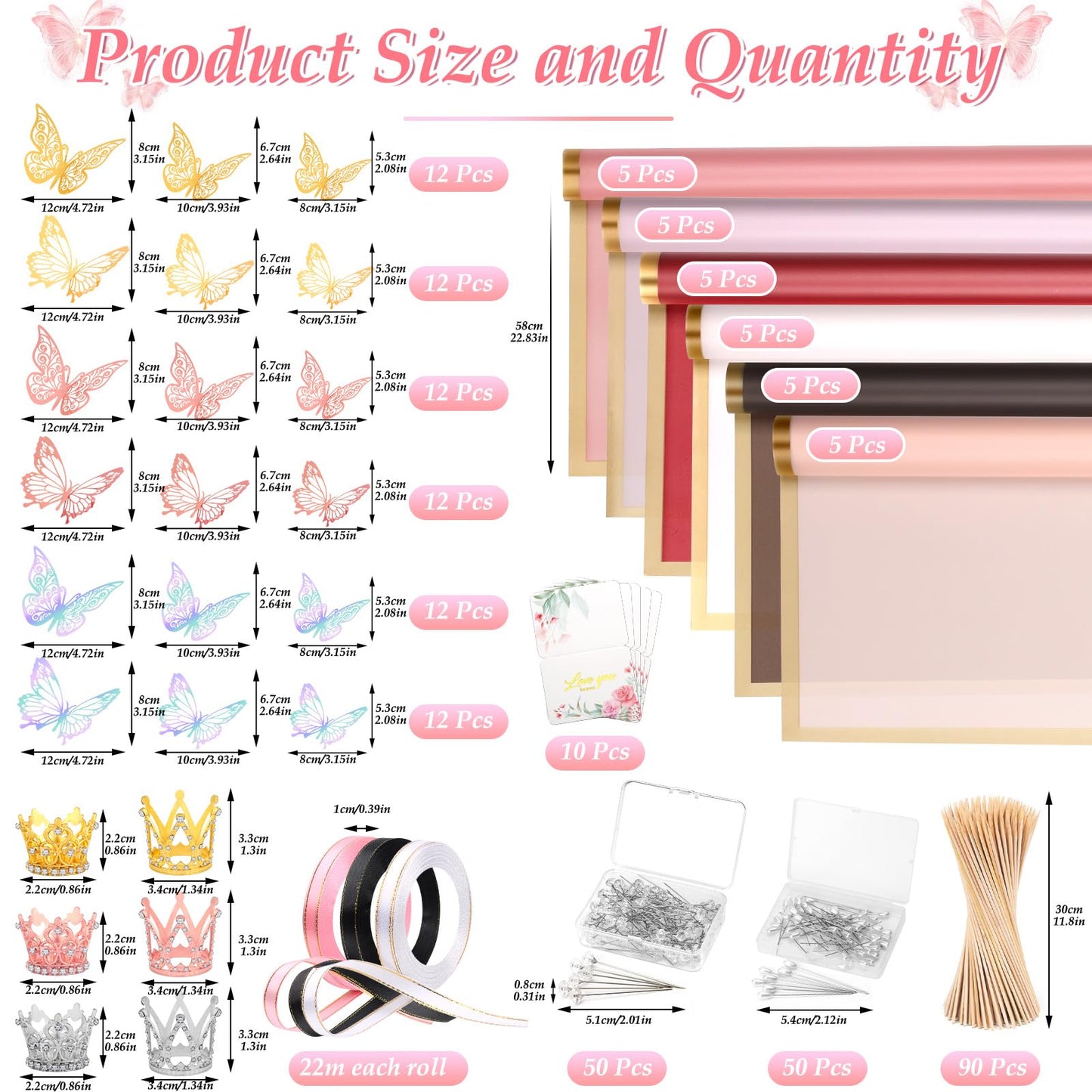 311 PCS Flower Wrapping Paper Bouquet Kit, 30 Sheets Waterproof Floral Wrapping Paper With Ribbons, Flower Pearl Pins, Bamboo Skewers, 3D Butterflies Crowns for Florist Craft Mother's Day Birthday