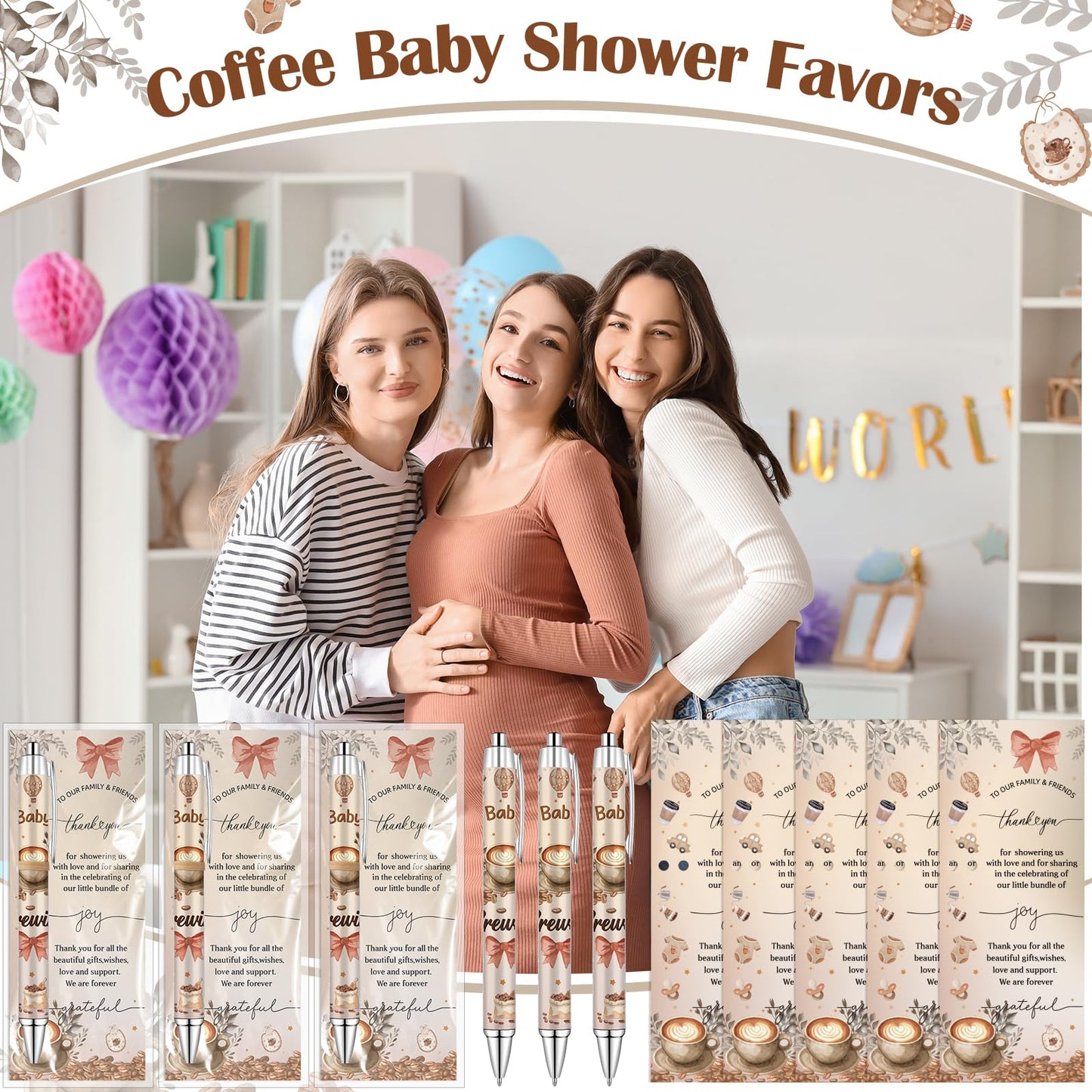 50 Set Coffee Babys Shower Favors for Guests A Baby Is Brewing Coffee Theme Ballpoint Pens Thank You Greeting Cards Baby Shower Gifts for Boy Girl Gender Reveal Party Guest Souvenirs Prizes
