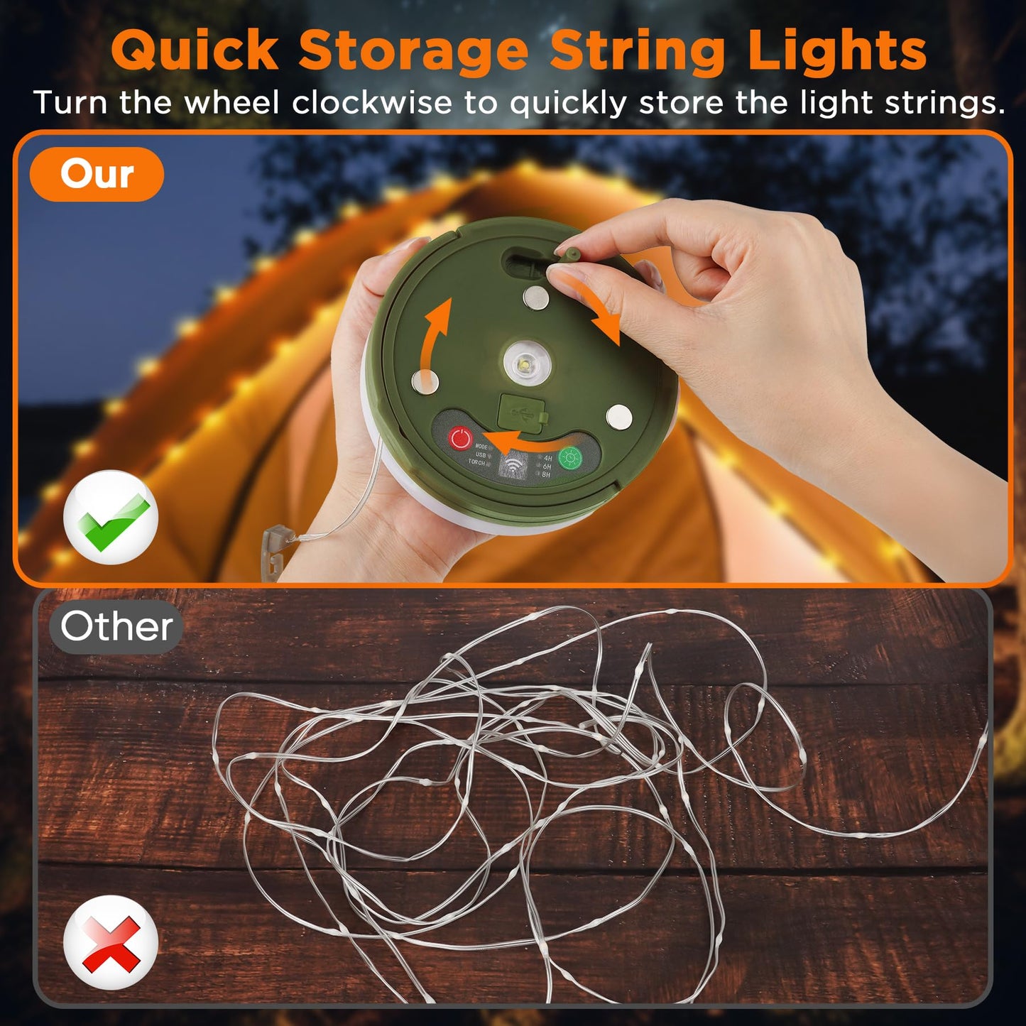 YUNJAYI Retractable Camping String Lights, 33FT 3000mAh Rechargeable 4 in 1 Camp Lights String with 9 Lighting Modes, Outdoor String Lights Waterproof, Portable Camping Lights for Yard, Tent & Hiking