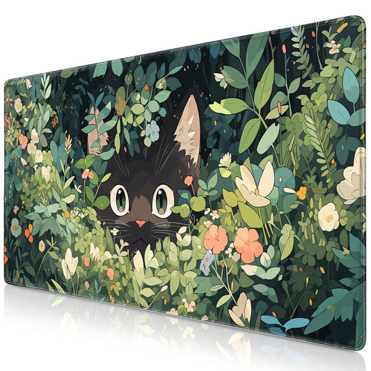 Anime Cat Mouse Pad Green Desk Mat, Kawaii XXL Large Mouse Pad Keyboard with Stitched Edges Non-Slip, 35.4×15.7in Mousepad Mat for Desktop Computer Laptop Office Women Decor Game Funny