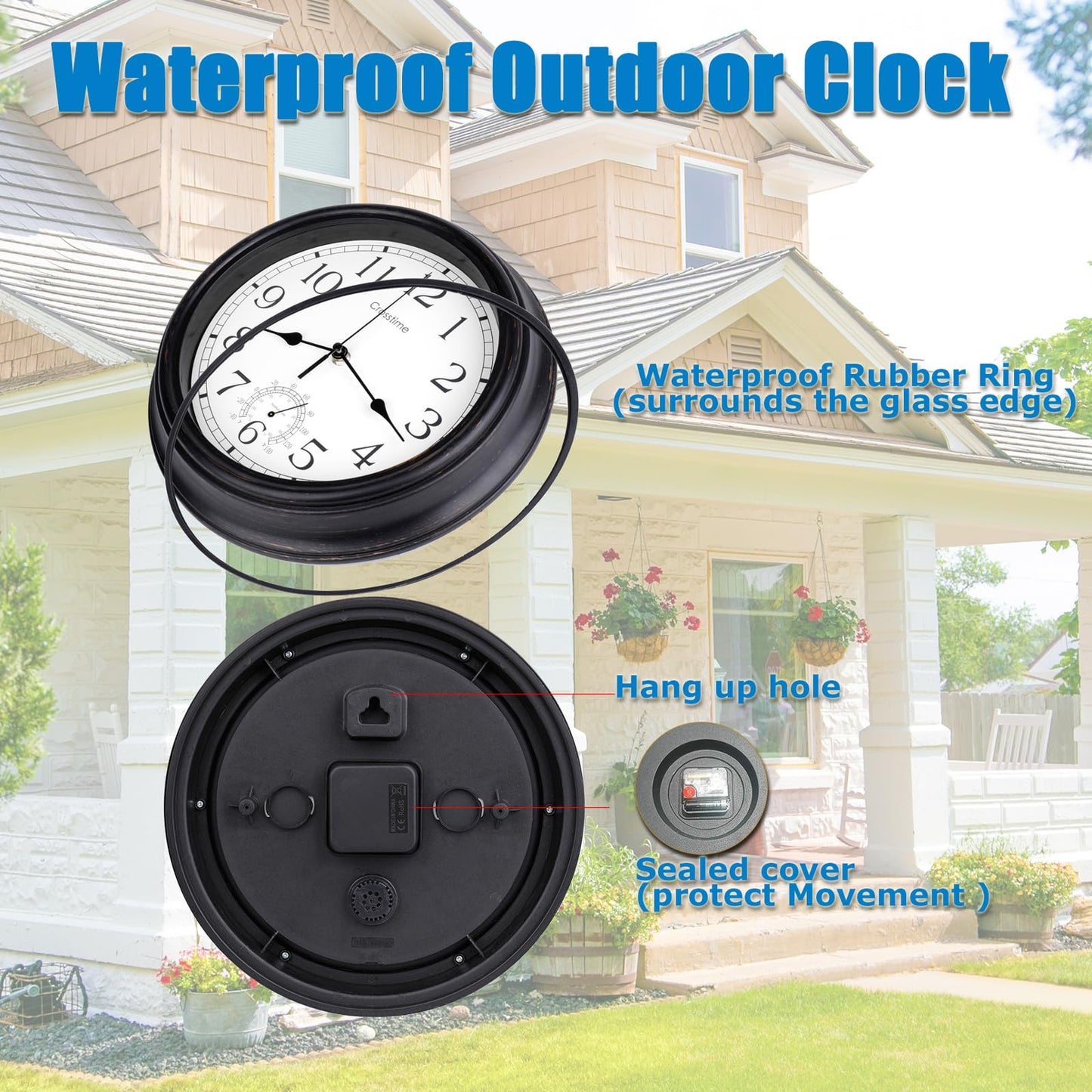 12 Inch Outdoor Clock Waterproof with Thermometer Combo, Retro Indoor Outdoor Wall Clocks for Patio Pool Garden Bahtroom Home Decor, Bronze