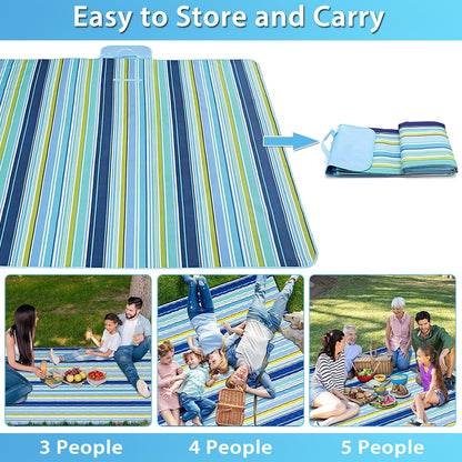ADRIMER Large Picnic Blanket 77" x 79", Outdoor Waterproof Picnic Mat, Portable Beach Blanket for Family, Beach, Park, Camping, Hiking, Blue & White