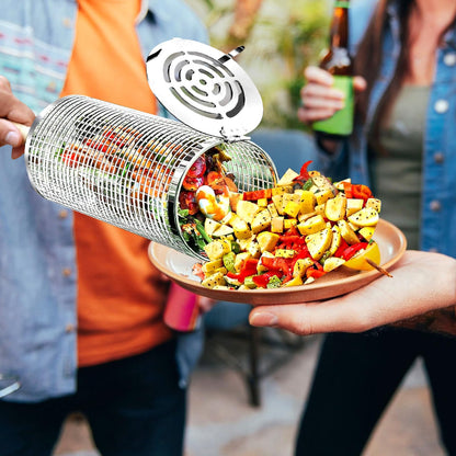 2PCS Rolling Grill Baskets with Removable Wooden Handle,304 Stainless Steel Nesting BBQ Basket for Outdoor Cooking Camping,BBQ Accessories Tools for Vegetables,Seafood & Meat,Gifts for Men Dad Husband