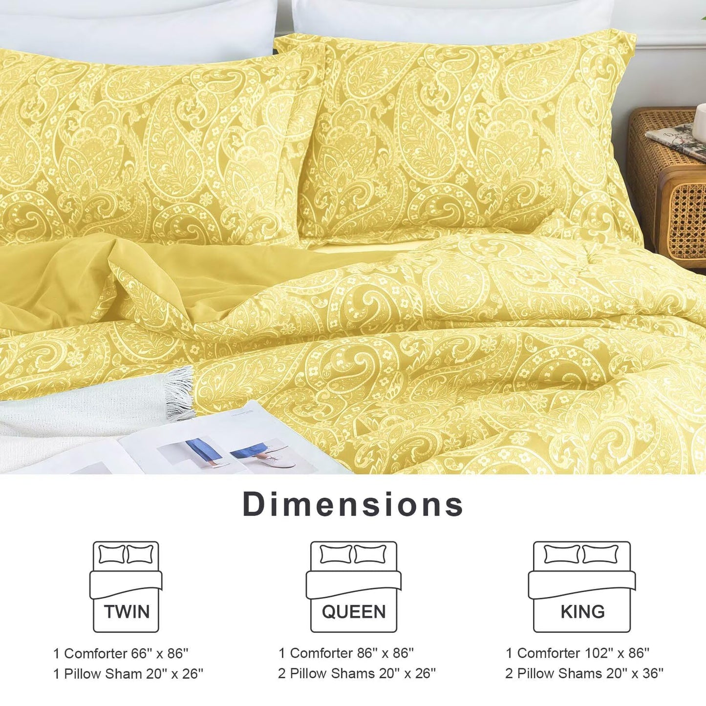 UDEAL Queen Comforter Set 3 Pieces，Yellow Paisley Soft Fluffy Comforter for Queen Size Bed，All Season Warm Bedding Set with Comforter