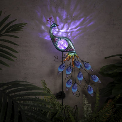 TERESA'S COLLECTIONS Peacock Solar Outdoor Light, 35.4'' Metal Lawn Ornaments with Crackle Glass Ball, Decorative Stake for Garden Decor