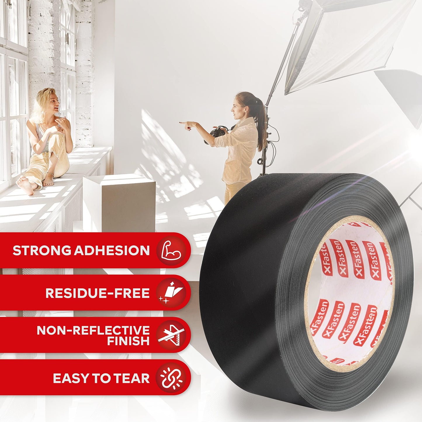 XFasten Black Gaffers Tape 2 Inch X 60 Yards, Multipurpose, No Residue Gaffer Tape, Black Gaff Tape 2 Inch for Photography, Indoor, Outdoor Locations