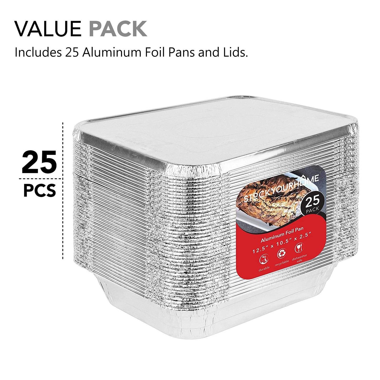 Disposable Aluminum Pans with Lids 9x13 (25 Pans and 25 Lids), Food Containers for Baking, Cooking, Heating, Storing and Prepping