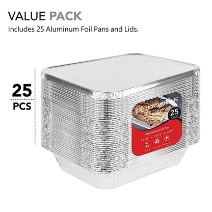 Disposable Aluminum Pans with Lids 9x13 (25 Pans and 25 Lids), Food Containers for Baking, Cooking, Heating, Storing and Prepping