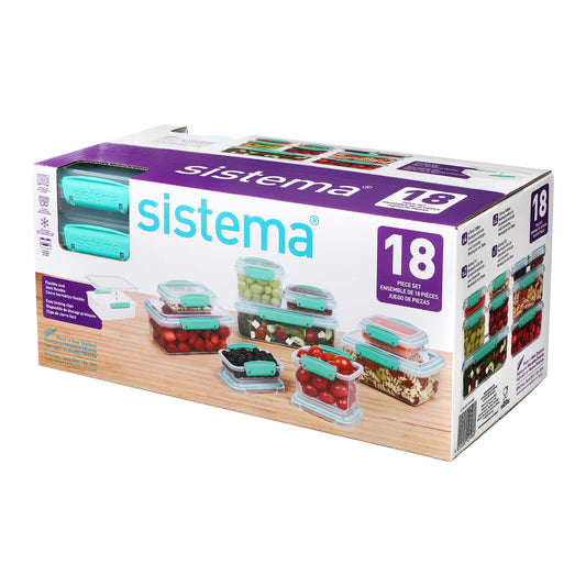 Sistema Food Storage Containers with Lids for Lunch, Meal Prep and Leftovers, Dishwasher Safe, BPA-Free, Teal, 18 Piece Set