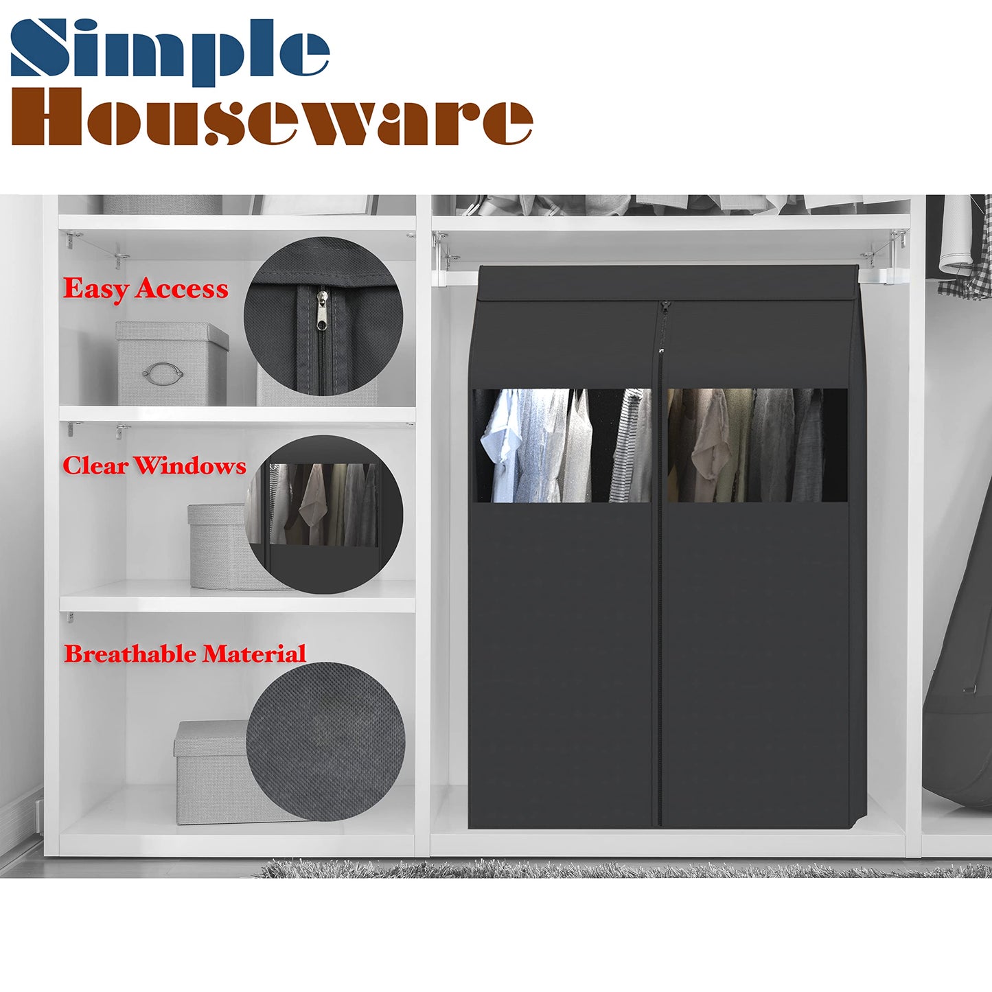 Simple Houseware Garment Covers for Clothes Rack/Closet/Hanging Clothes, Enclosed Clear Window, Dark Grey