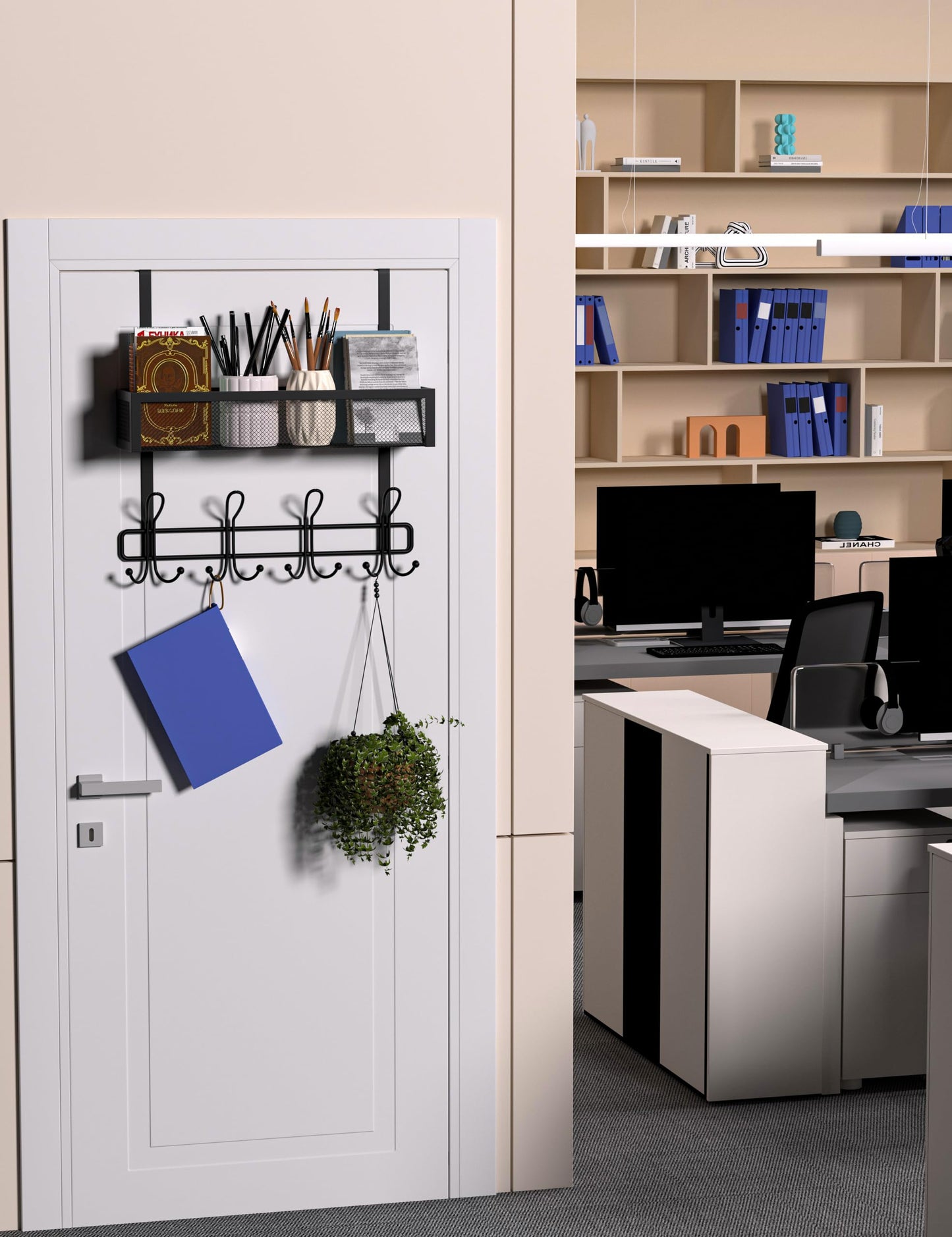 Over The Door Hooks Organizer Storage - Over The Door Hanger for Coat Rack, Over Door Storage with 12 Hooks & 2 Mesh Baskets, for Bathroom,Bedroom,Kitchen,Office (Single Basket)