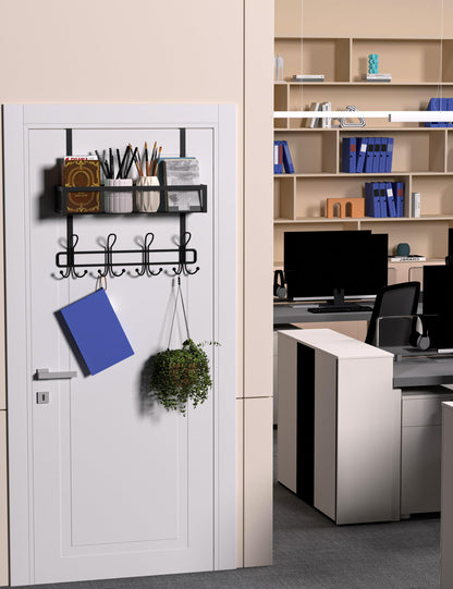 Over The Door Hooks Organizer Storage - Over The Door Hanger for Coat Rack, Over Door Storage with 12 Hooks & 2 Mesh Baskets, for Bathroom,Bedroom,Kitchen,Office (Single Basket)