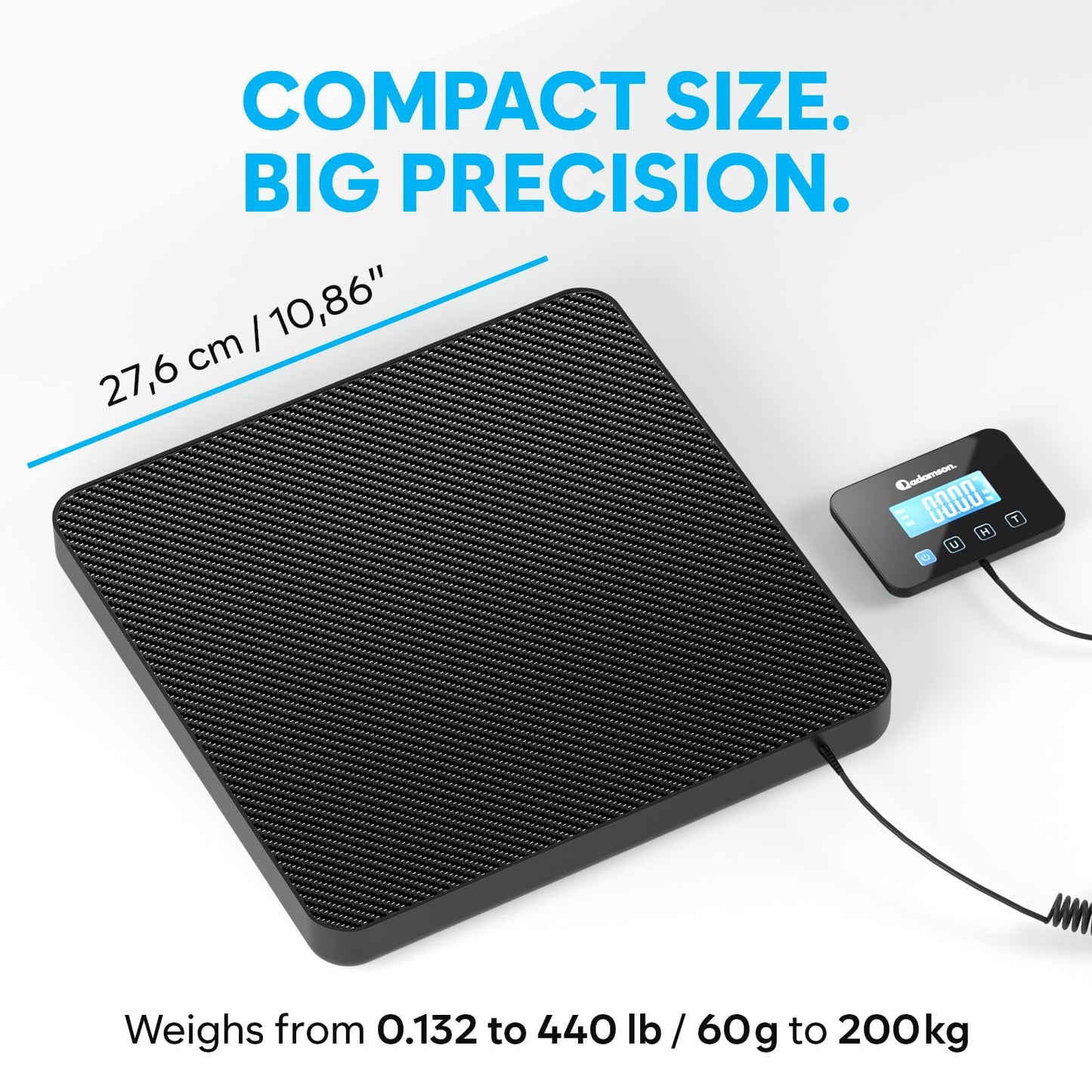 Shipping Scale - 440 lbs/0.35oz - High Accurate Digital Postal Scale with Hold/Tare Function - Perfect for Packages, Luggage, Suitcase, Home Use - Battery & Cable Included - Black Mat