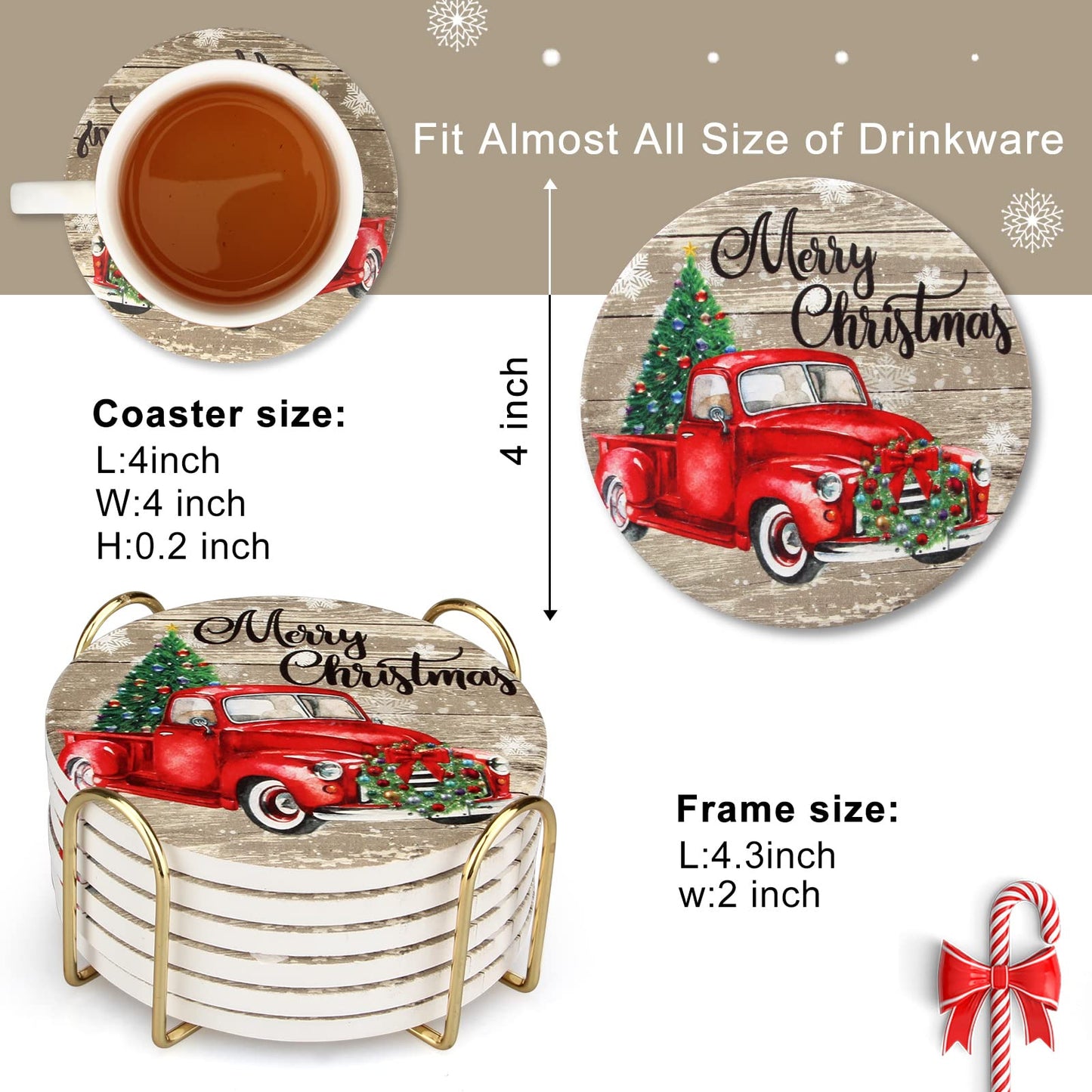 6 Pcs Red Truck Christmas Coasters with Holder Best Absorbent Ceramic Coasters Set Round Vintage Drink Christmas Coasters Gift Xmas Holiday Coffee Cup Coasters Cool Cup Coaster Table Coasters