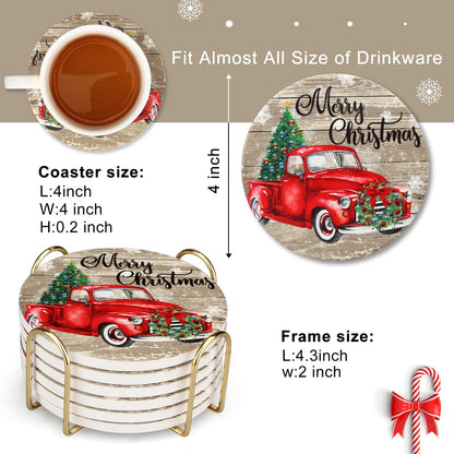 6 Pcs Red Truck Christmas Coasters with Holder Best Absorbent Ceramic Coasters Set Round Vintage Drink Christmas Coasters Gift Xmas Holiday Coffee Cup Coasters Cool Cup Coaster Table Coasters