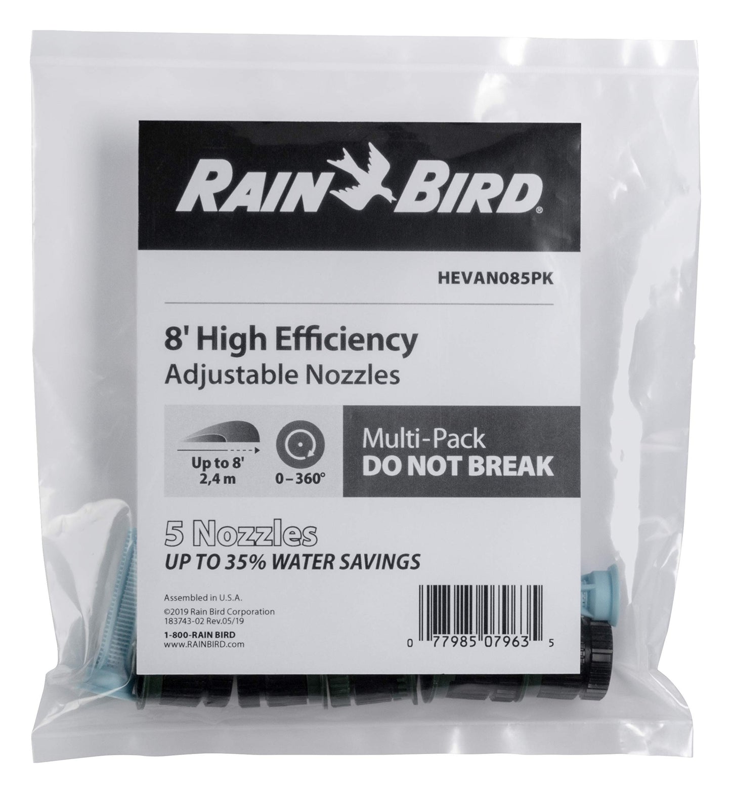 Rain Bird HEVAN085PK High Efficiency Spray Nozzle, 0° - 360° Adjustable Pattern, 5' - 8' Spray Distance, 5-Pack, Black