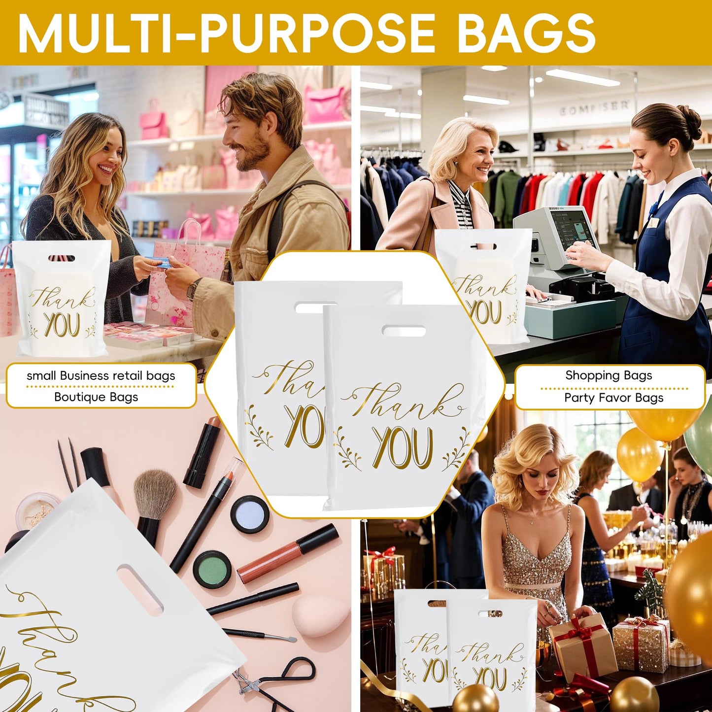 POPGIFTU Thank You Bags for Business Small - 12"x15" Reusable White Retail Plastic Shopping Bags with Die Cut Handle, 100 Pack - Perfect for Boutique, Clothing Stores, Gifts, Trade Shows, Wholesale