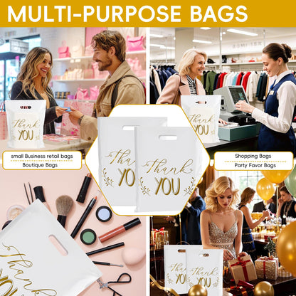 POPGIFTU Thank You Bags for Business Small - 12"x15" Reusable White Retail Plastic Shopping Bags with Die Cut Handle, 100 Pack - Perfect for Boutique, Clothing Stores, Gifts, Trade Shows, Wholesale
