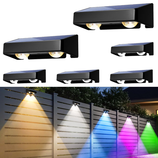 Solar Fence Lights Outdoor, Solar Wall Lights 9 Fixed Colors ＆ Color Changing Modern Solar Powered Deck Lights for Step Stair Patio Backyard Porch Railing House Number Decor, IP65 Waterproof (6 Pack)