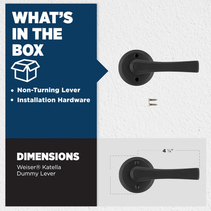 Weiser Katella Matte Black Dummy Door Handle, Reversible One Sided, Individual Closet and French Door Non-Turning Door Handle