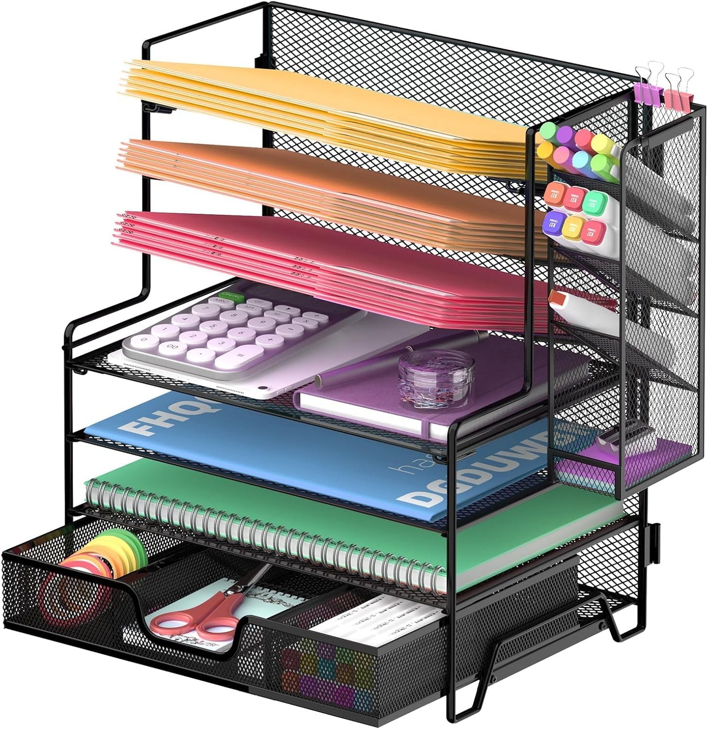 Reeplan 4 Tier Paper Organizer with File Holder and Pen Holder, 7 Tier Desk File Organizer, Desk Organizers and Accessories for Office Home School, Black