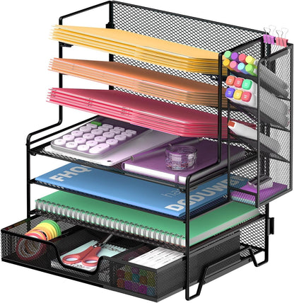 Reeplan 4 Tier Paper Organizer with File Holder and Pen Holder, 7 Tier Desk File Organizer, Desk Organizers and Accessories for Office Home School, Black
