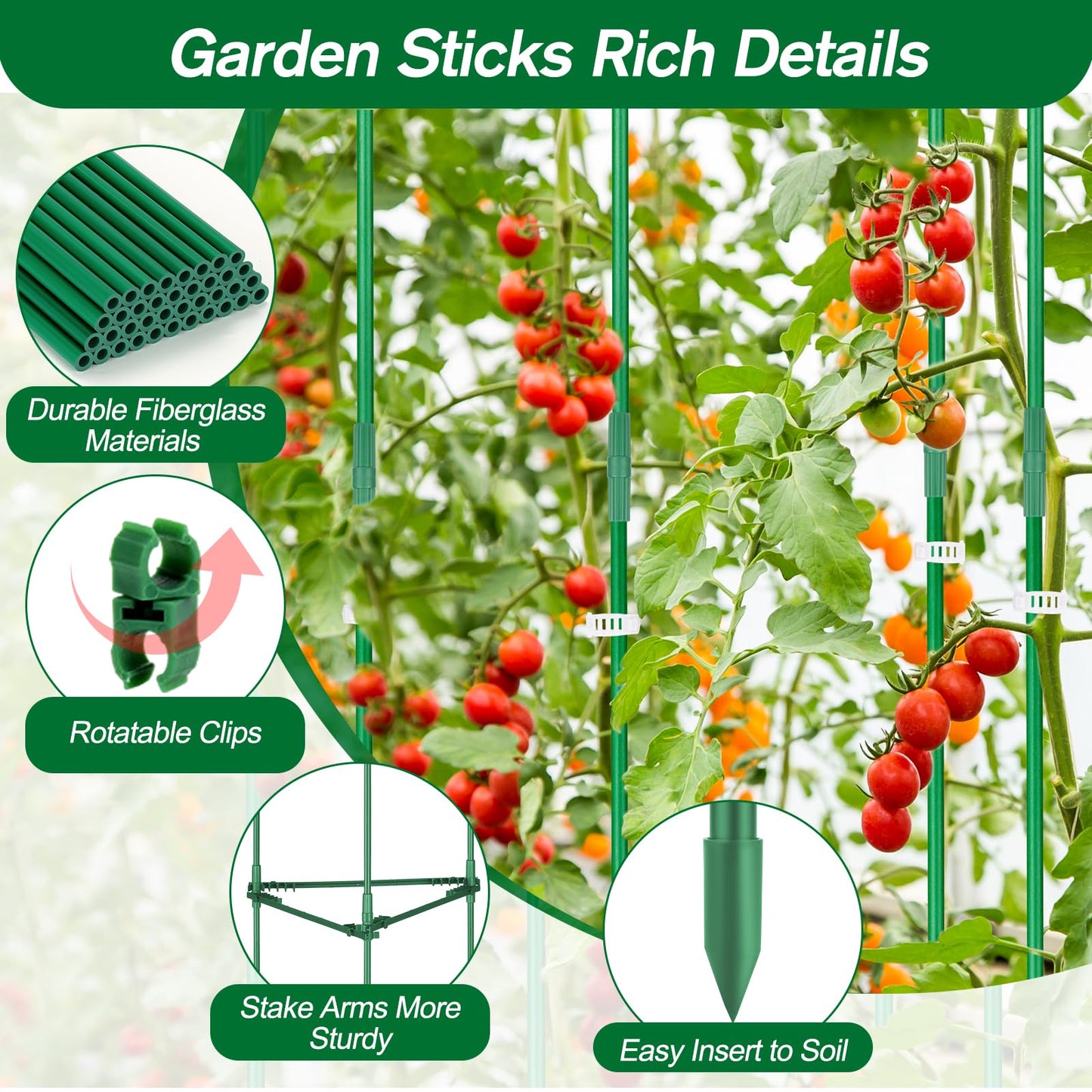 123PCS Garden Stakes Set with 36PCS 16 Inch Fiberglass Plant Sticks and Stake Arms, DIY 4ft 5ft 6ft 7ft 8ft Tomato Stakes, Garden Stakes for Vegetables Tomato Pepper Indoor Outdoor Plants