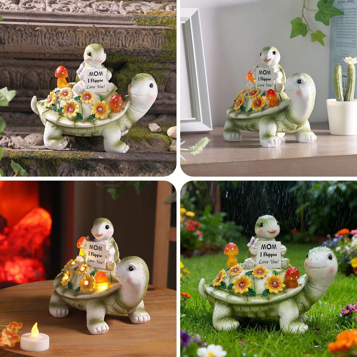 Solar Turtle Garden Statue 7.5 inches, I Flippin Love You Tortoise Figurine with 7 LED Lights, Outdoor Lawn Decor for Patio, Yard, Balcony, Birthday for Mom, Grandma, Women