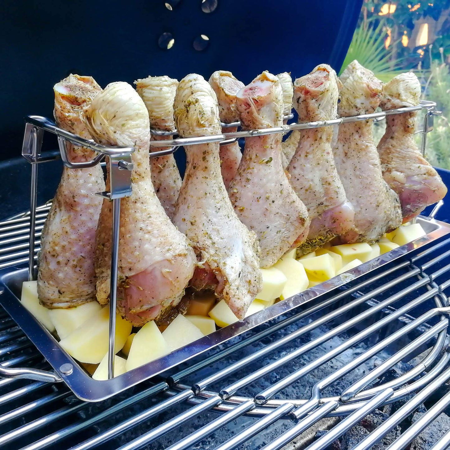 Chicken Leg and Wing Rack for Grill Smoker Oven - Easy to Use 12 Slots Chicken Leg Rack with Drip Tray - High Grade Stainless Steel Chicken Wing Rack Chicken Drumstick Holder for Perfect Cook