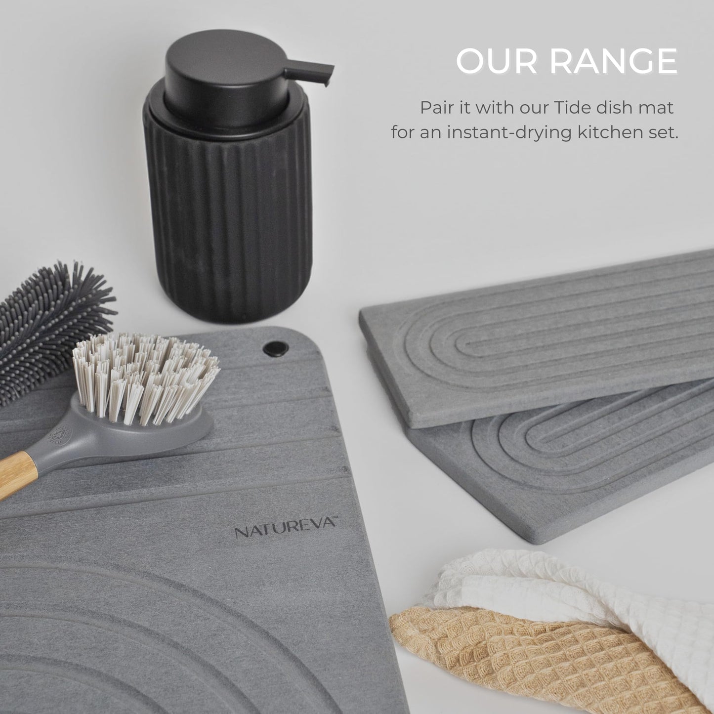 Natureva Home - Stone Faucet Mat | Diatomite Sink Splash Guard | Instant Drying Tray for Kitchen Bathroom Sinks | Made of Diatomaceous Earth | Absorbing Water Instantly | Design Arch | Colour Graphite