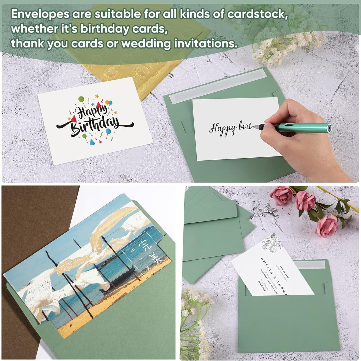 BEANPRECOY 100 Pcs A7 Envelopes, Self-Adhesive Envelopes, 5x7 Envelopes, Printable Invitation Envelopes for Weddings Invitations, Party Invitations, Photos, Postcards, Greeting Cards (Sage Green)