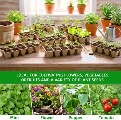 400 Cells Seed Starter Tray 40 Pack, Peat Pot Organic Biodegradable Seedling Pots Germination Trays with 100 Plant Labels for Vegetable Flower, Herbs, Indoor Outdoor Garden